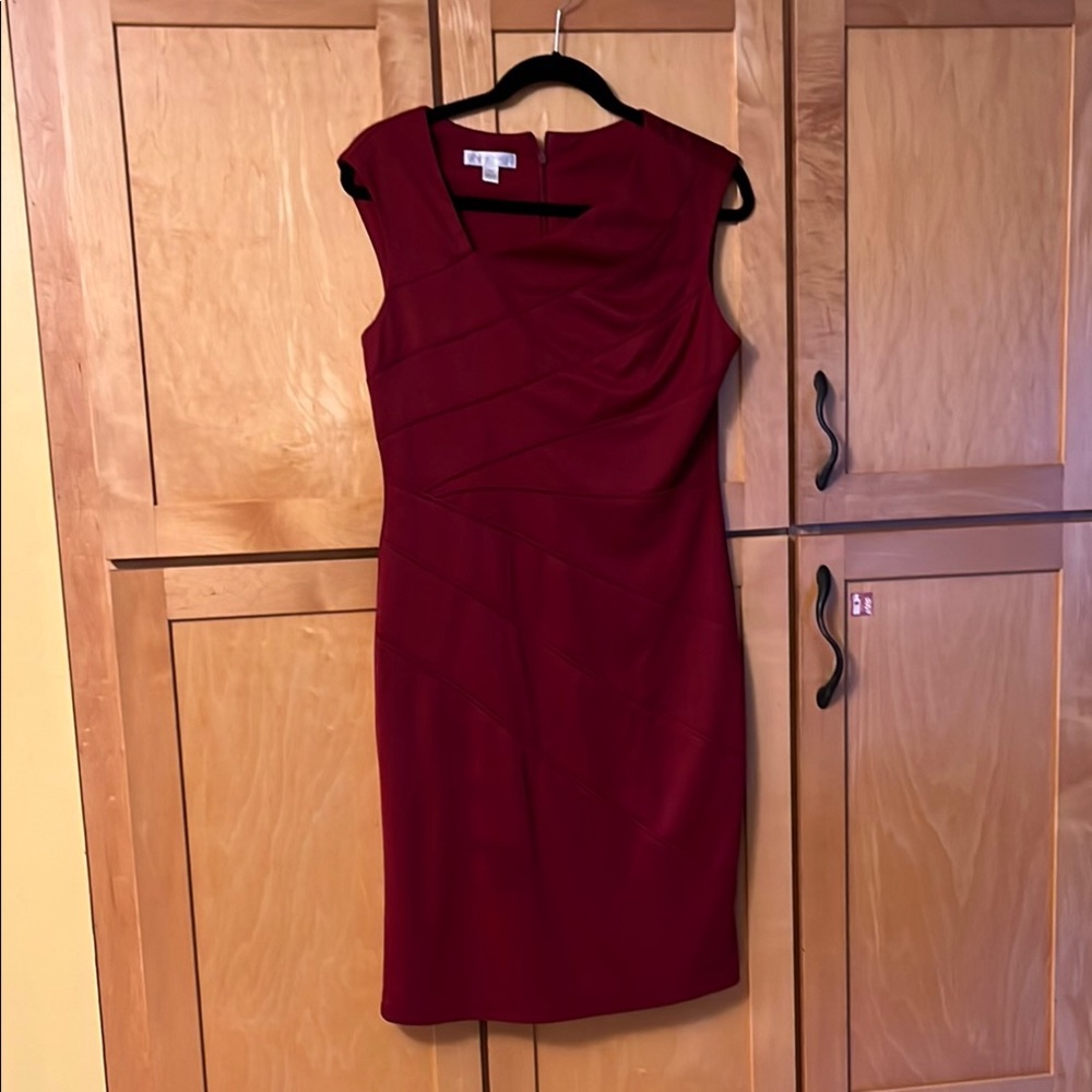 London Times Red Sheath Midi Dress Square Neck
